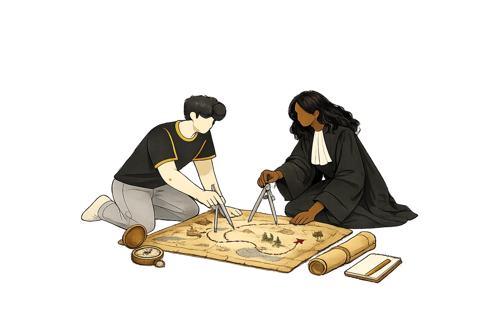 Deux personnages assis avec une carte, des compas et une boussole